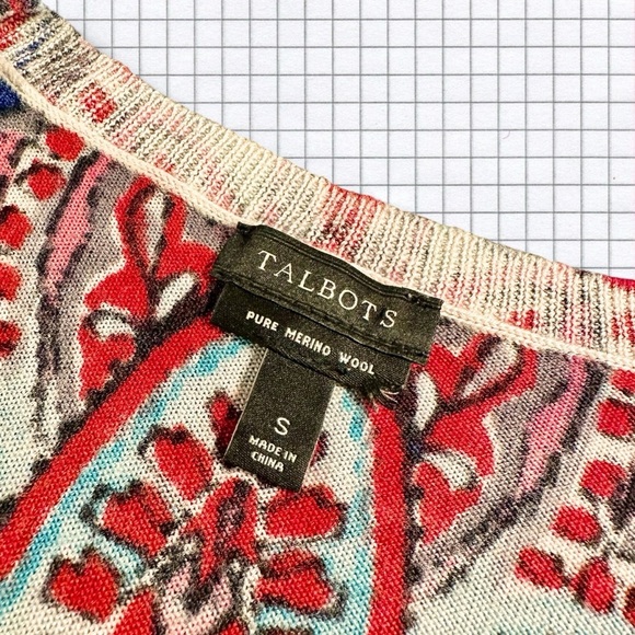 Talbots 100% Merino Wool Blue & Red Multicolor Brushed Paisley Cardigan Size S - Picture 2 of 12